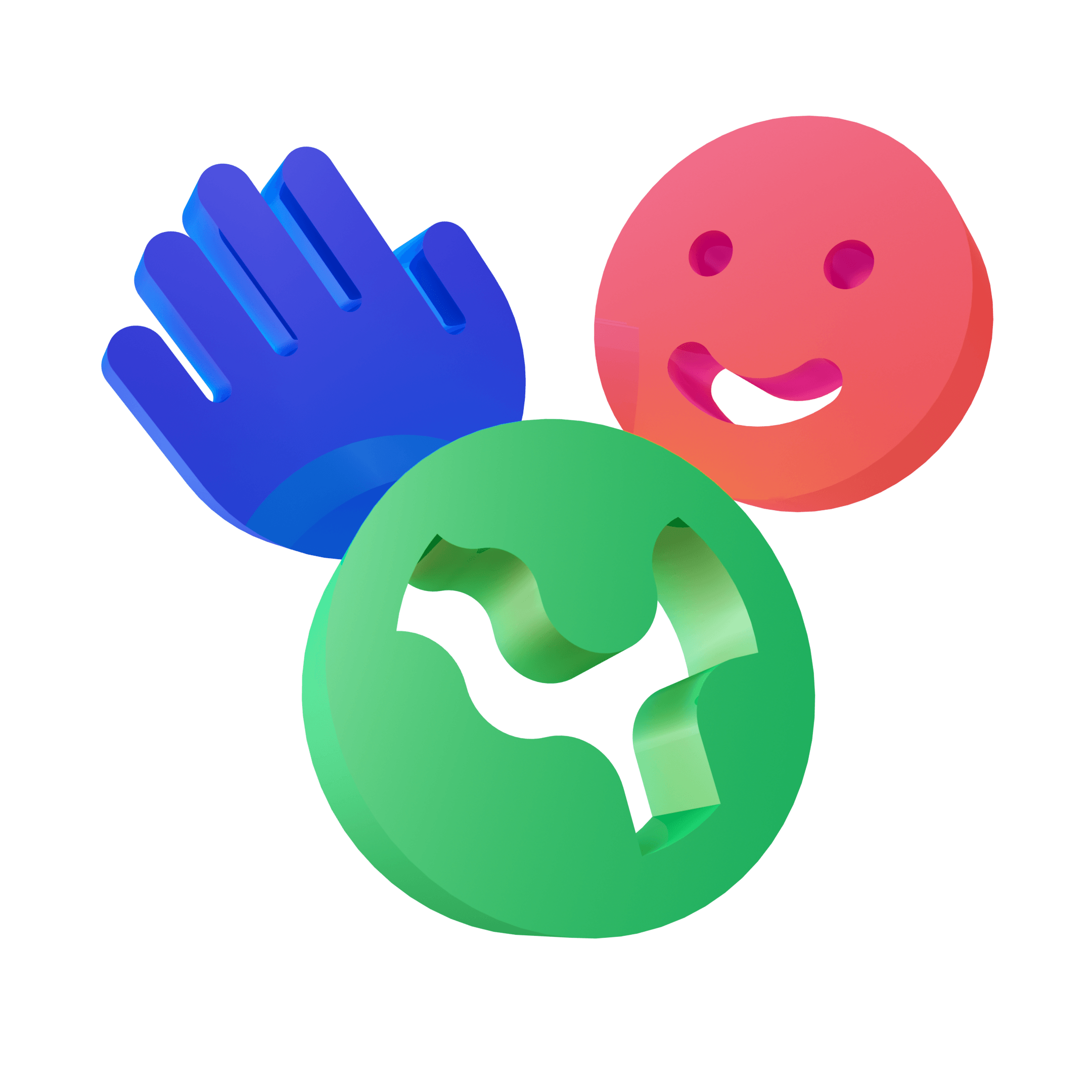 A picture of a blue hand, green earth, and red smiley face.